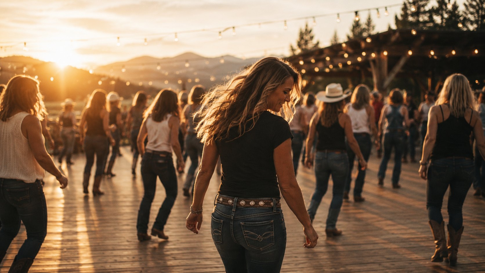 Line Dancer auf der Tanzfläche im Sonnenuntergang